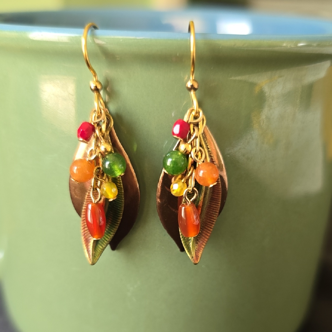 Silver Forest Gold Leaf Earrings With Multicolor Beads